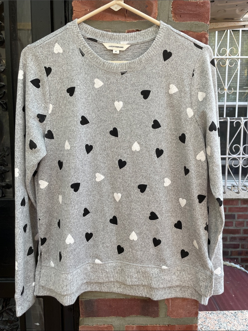 Lucky Brand Gray Sweatshirt with Black and White Heart Print